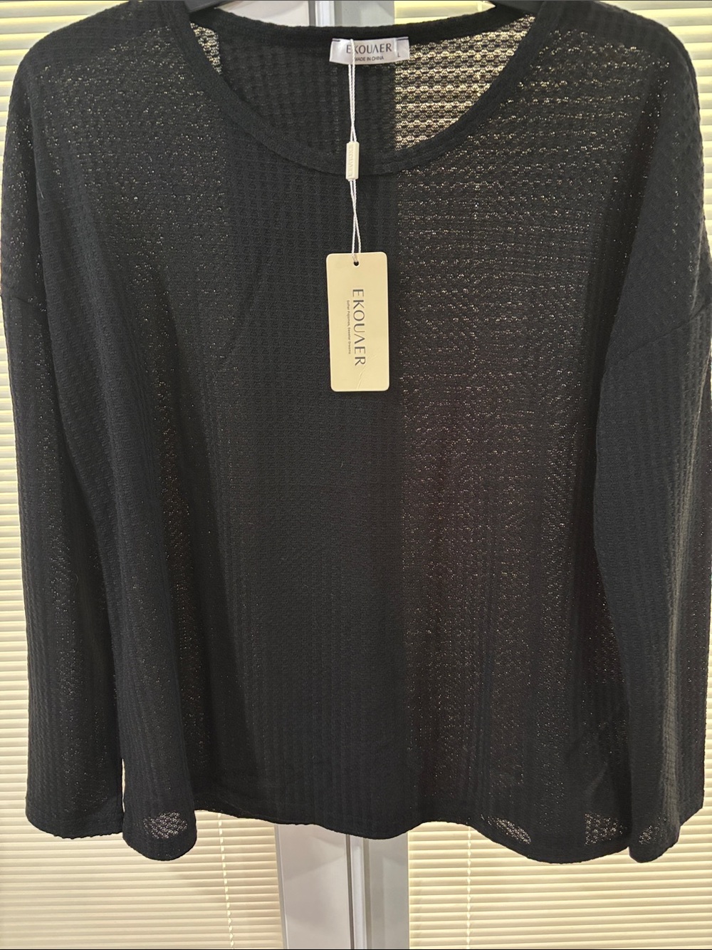 Ekouaer Black Sheer Knit Long-Sleeve Top